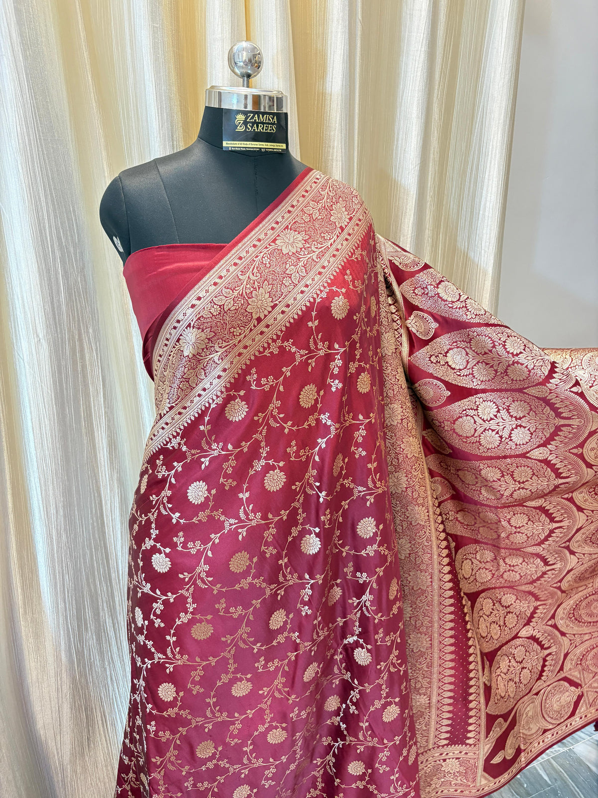 Maroon Banarasi Silk Saree with Intricate Golden Zari Work