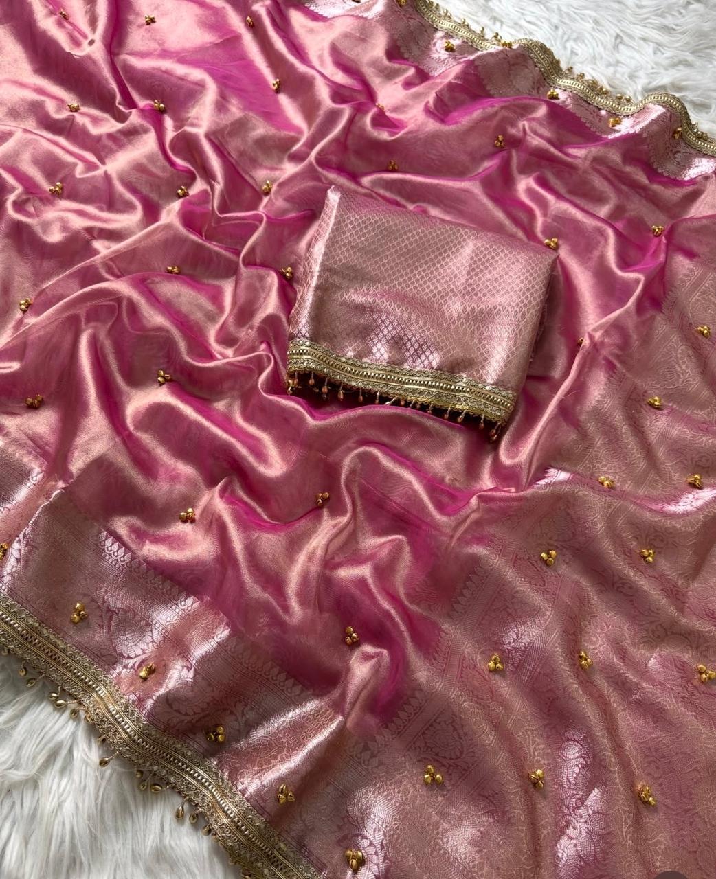 Viral Banarasi Baby Pink Ghungru Saree with Latkans and Laces