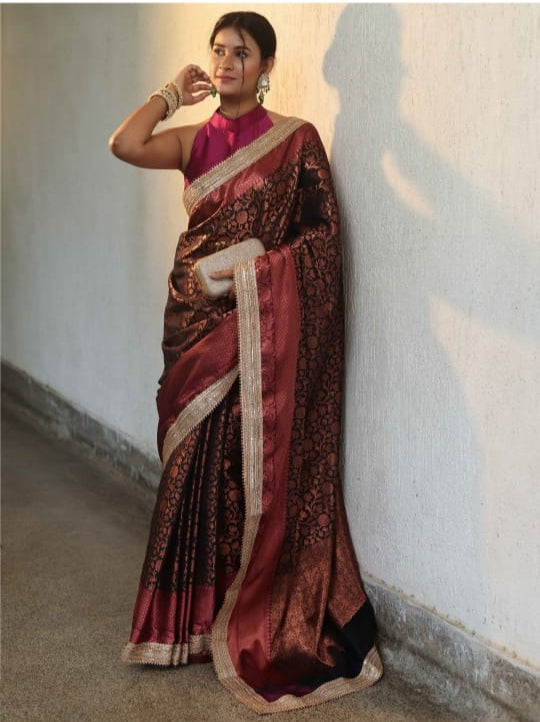 Black Premium Banarasi Tanchui Silk Saree with Lace Work