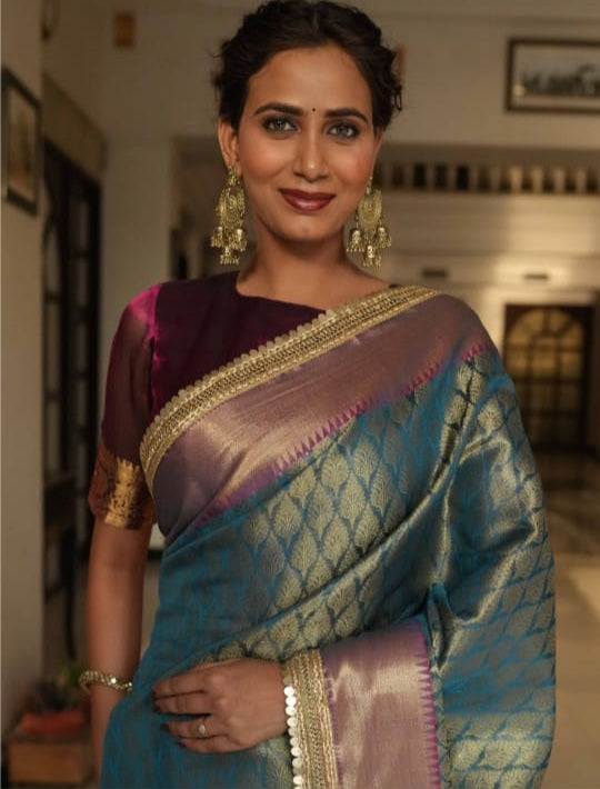 Beautiful Sapphire Banarasi Saree in Semi Silk with Lace Work