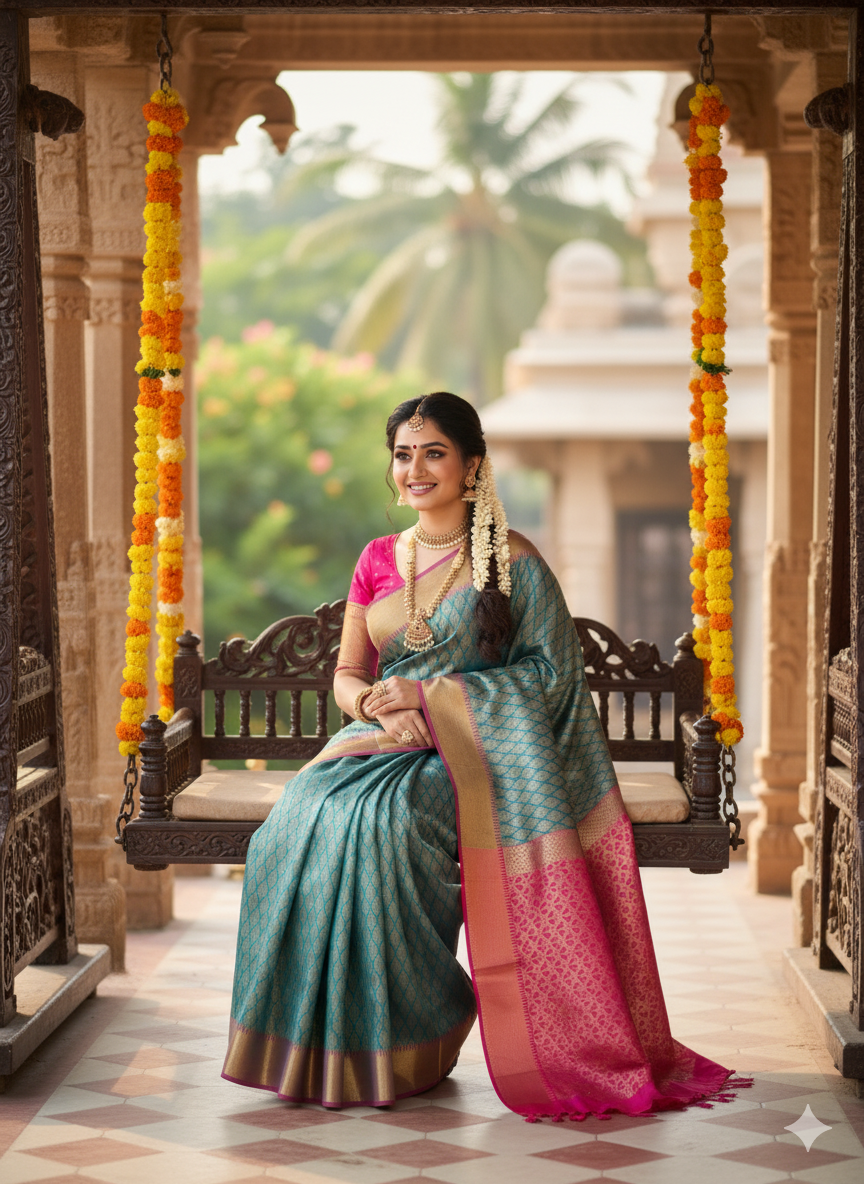 Premium Banarasi Silk Saree in Sapphire and Rani Shade