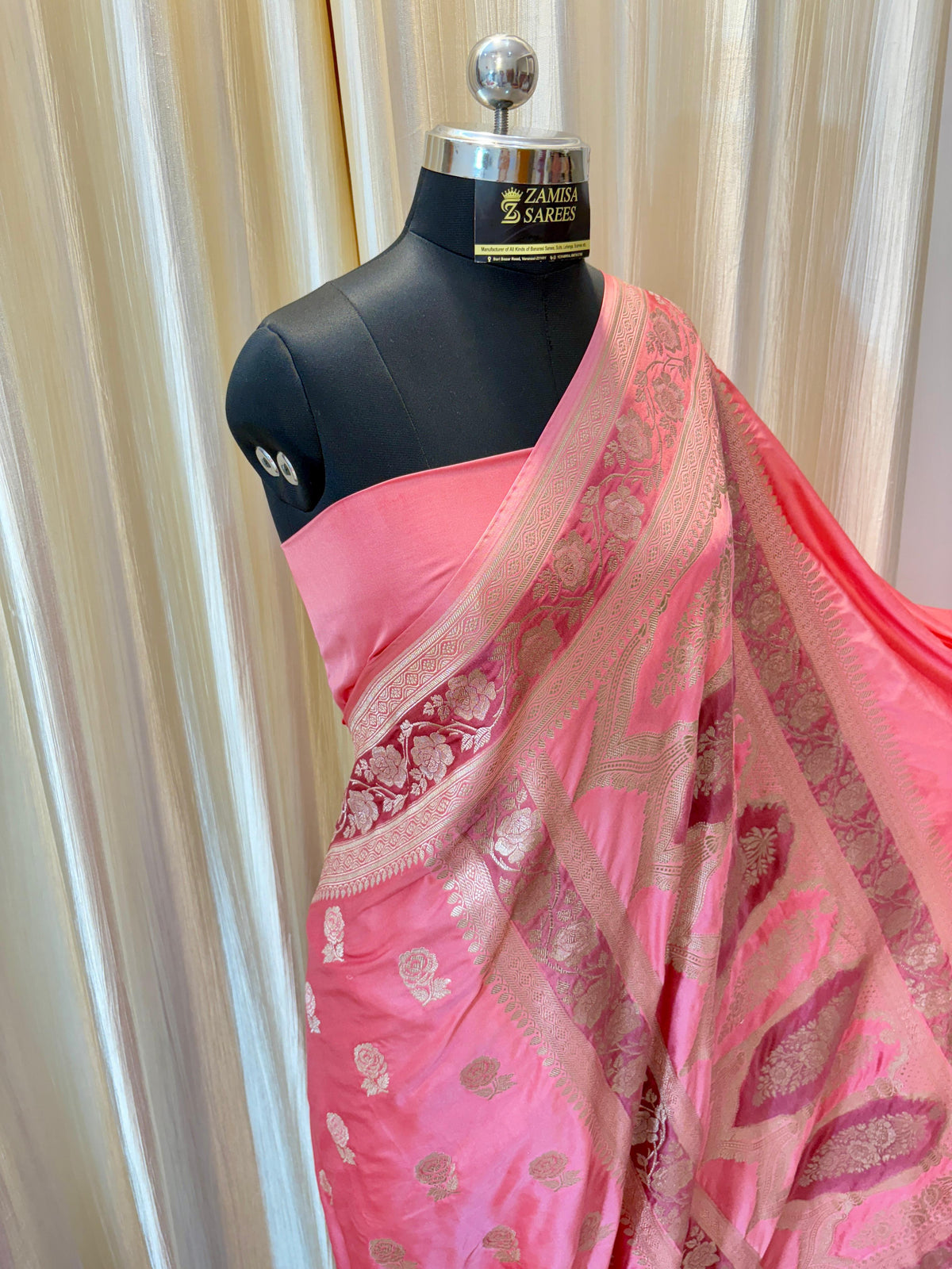 Graceful Pink Banarasi Silk Saree with Golden Zari Floral Motifs