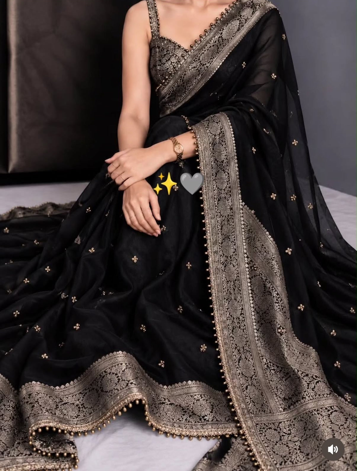 Viral Banarasi Black Tissue Silk Saree with Ghungru, Laces and Latkans