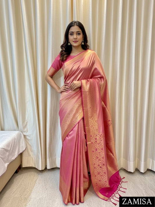 Beautiful Pink Banarasi Saree in Tissue Silk