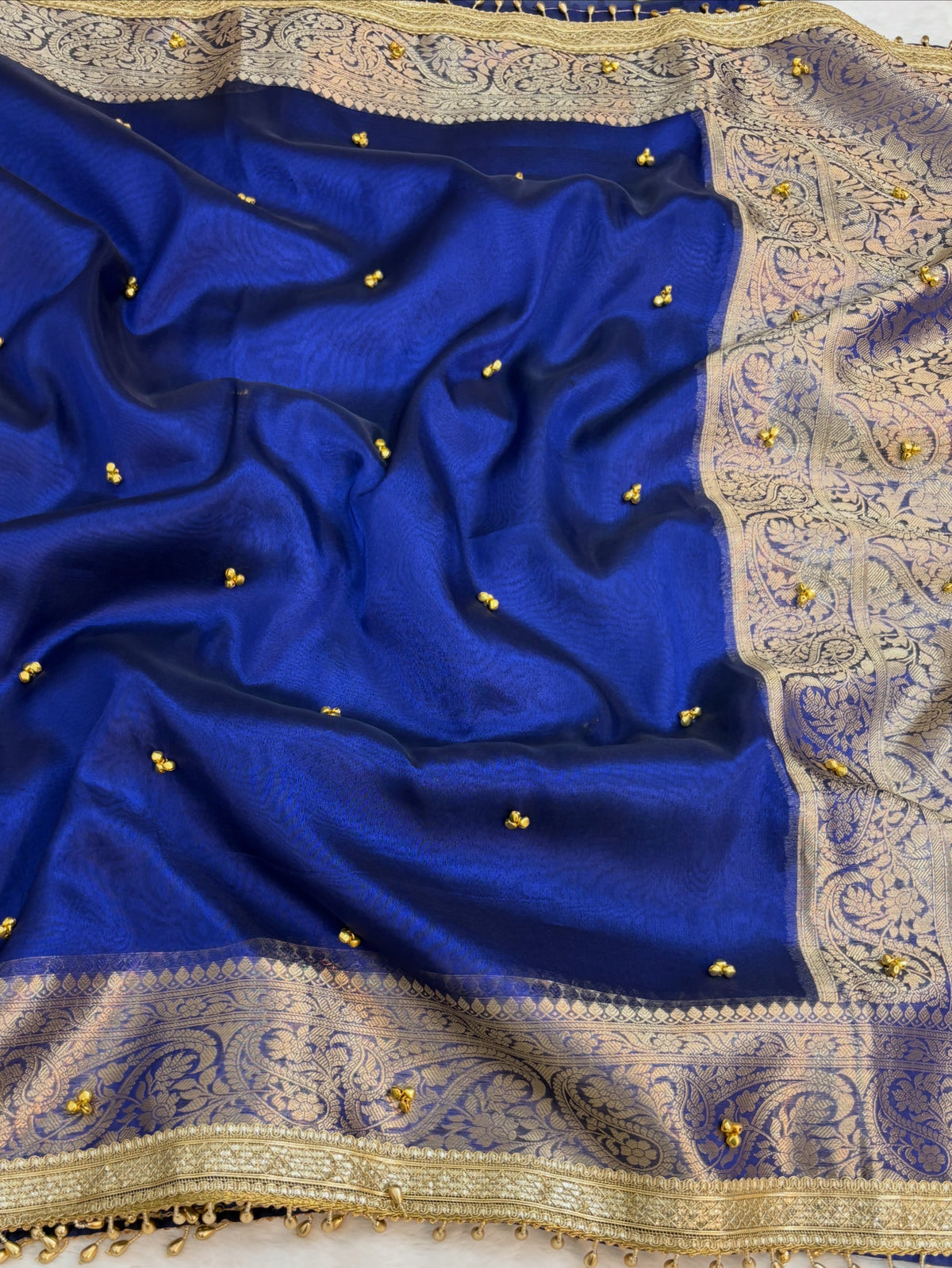 Viral Banarasi Royal Blue Tissue Silk Saree with Latkans, Laces and Ghungru