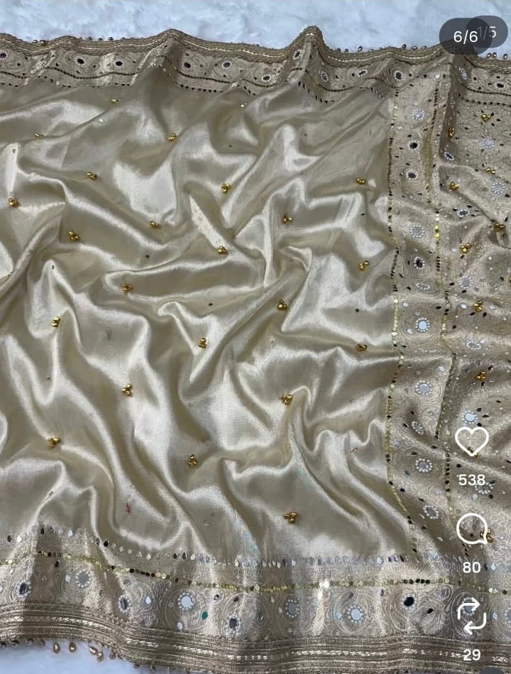 Viral Banarasi Ivory Tissue Silk Saree with Ghungru, Latkans, Laces, Pearls and Mirrors
