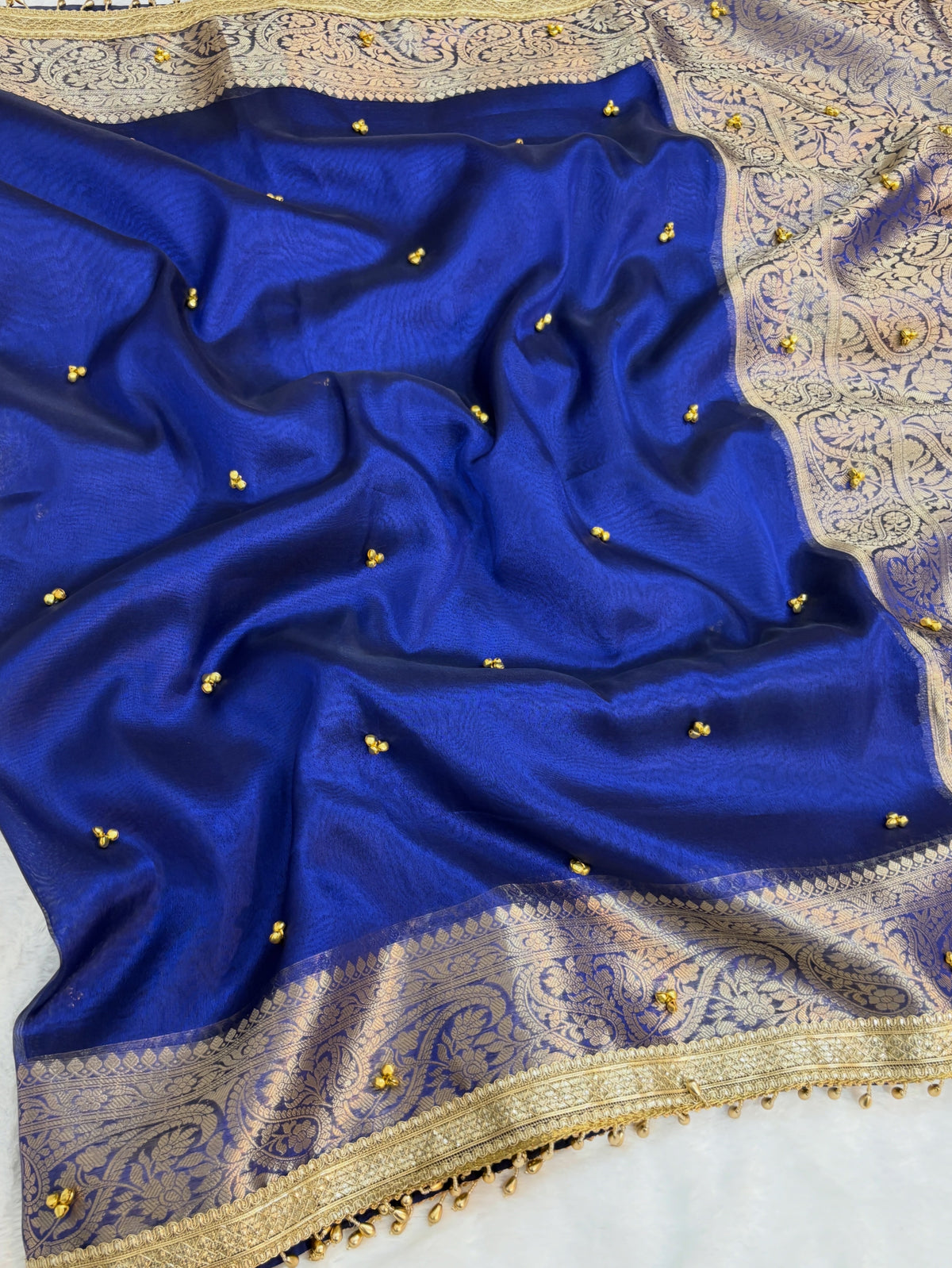 Viral Banarasi Royal Blue Tissue Silk Saree with Latkans, Laces and Ghungru