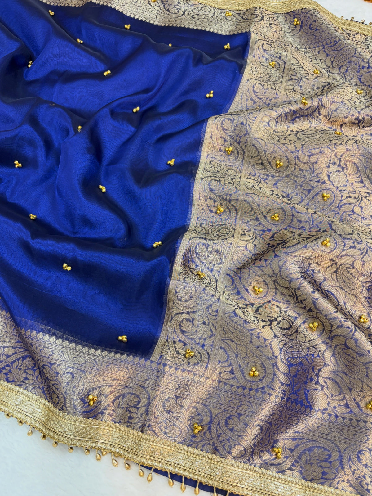 Viral Banarasi Royal Blue Tissue Silk Saree with Latkans, Laces and Ghungru