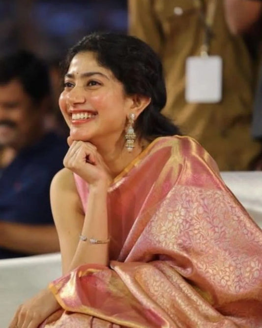 Sai Pallavi Peach Pink Tissue Silk Saree with Golden Zari Weaving