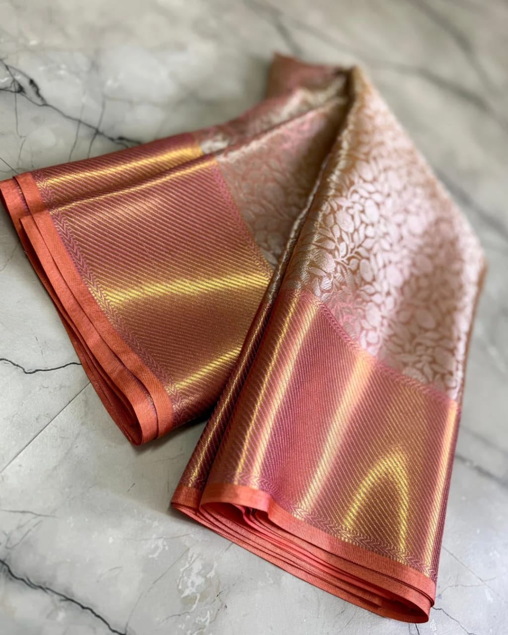 Sai Pallavi Peach Pink Tissue Silk Saree with Golden Zari Weaving