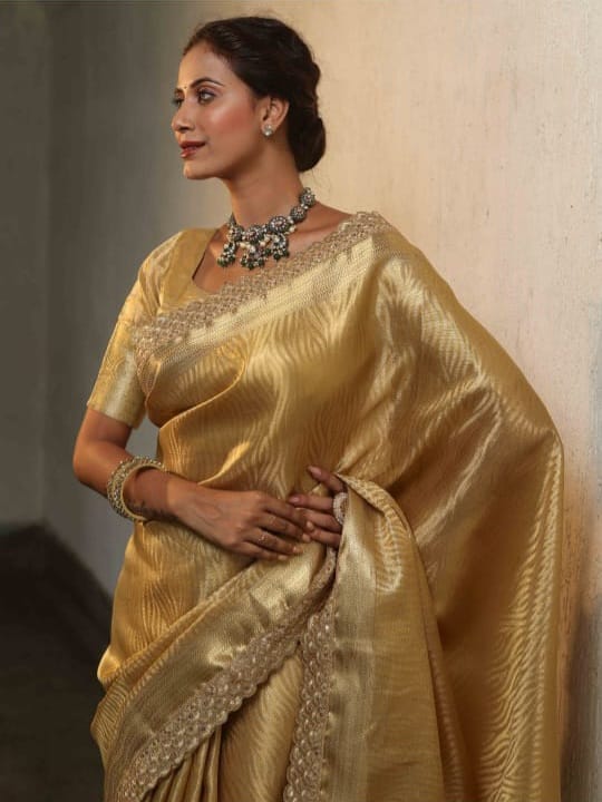 Golden Banarasi Premium Tissue Silk Saree with Lace Work