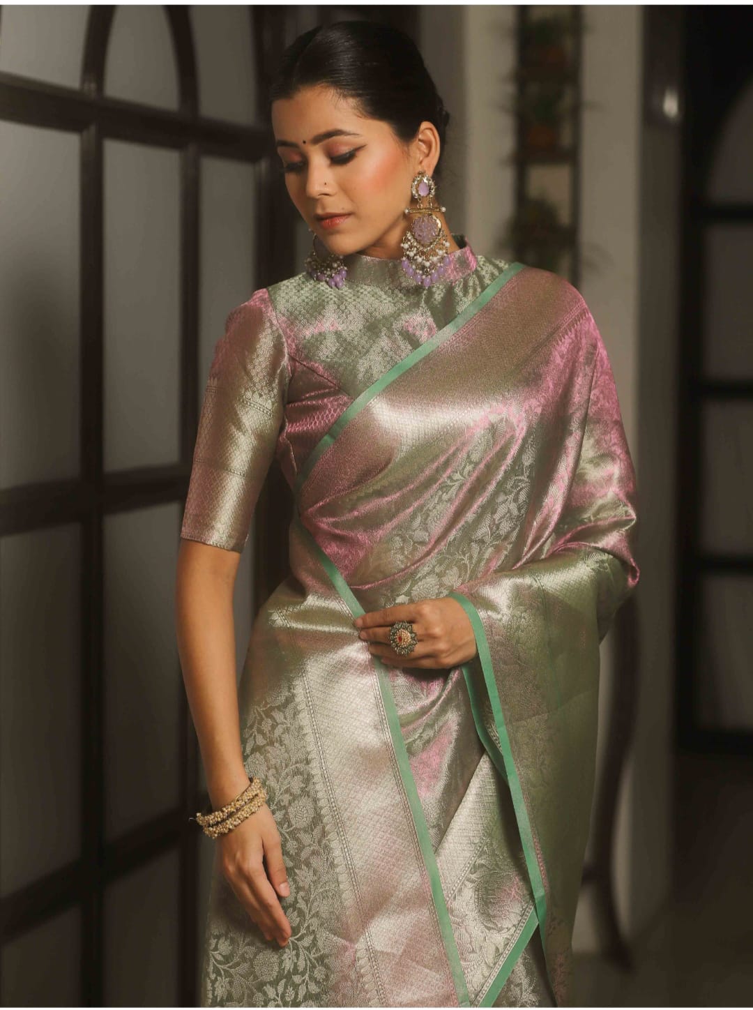 Aishani Pink Dual Tone Banarasi Tissue Silk Saree