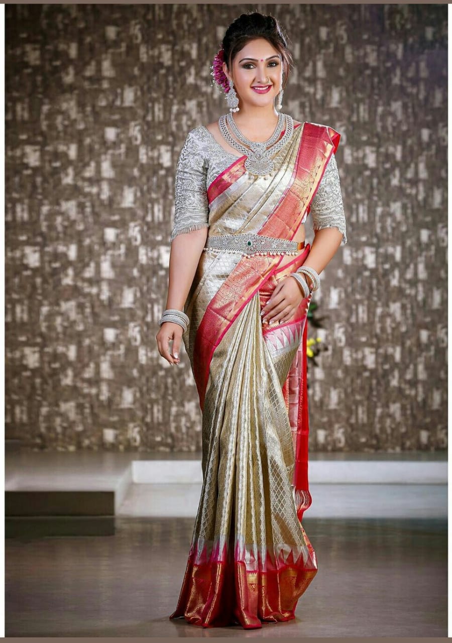 Premium Banarasi Beige and Red Tissue Silk Saree