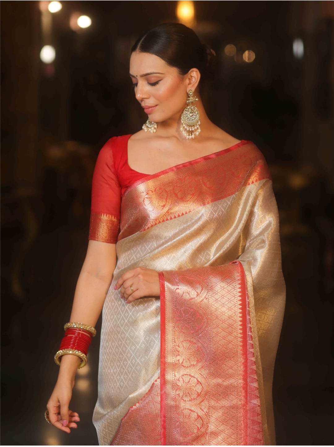Premium Banarasi Beige and Red Tissue Silk Saree