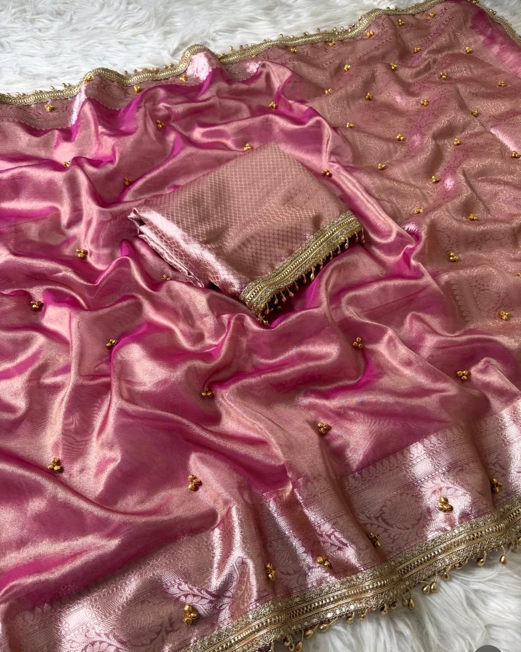 Viral Banarasi Baby Pink Ghungru Saree with Latkans and Laces