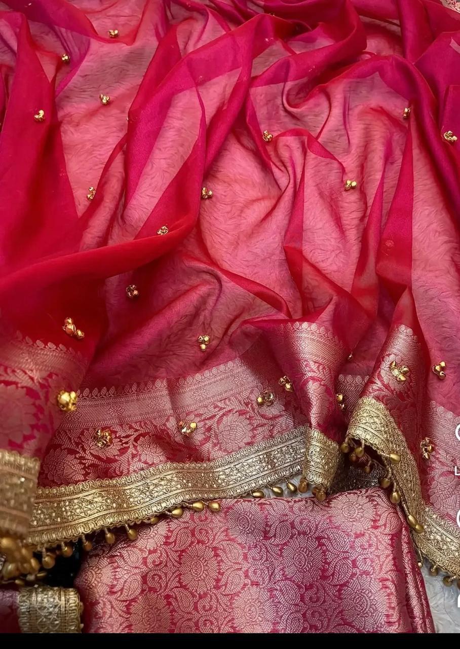 Viral Banarasi Red Ghungru Saree with Latkans and Laces