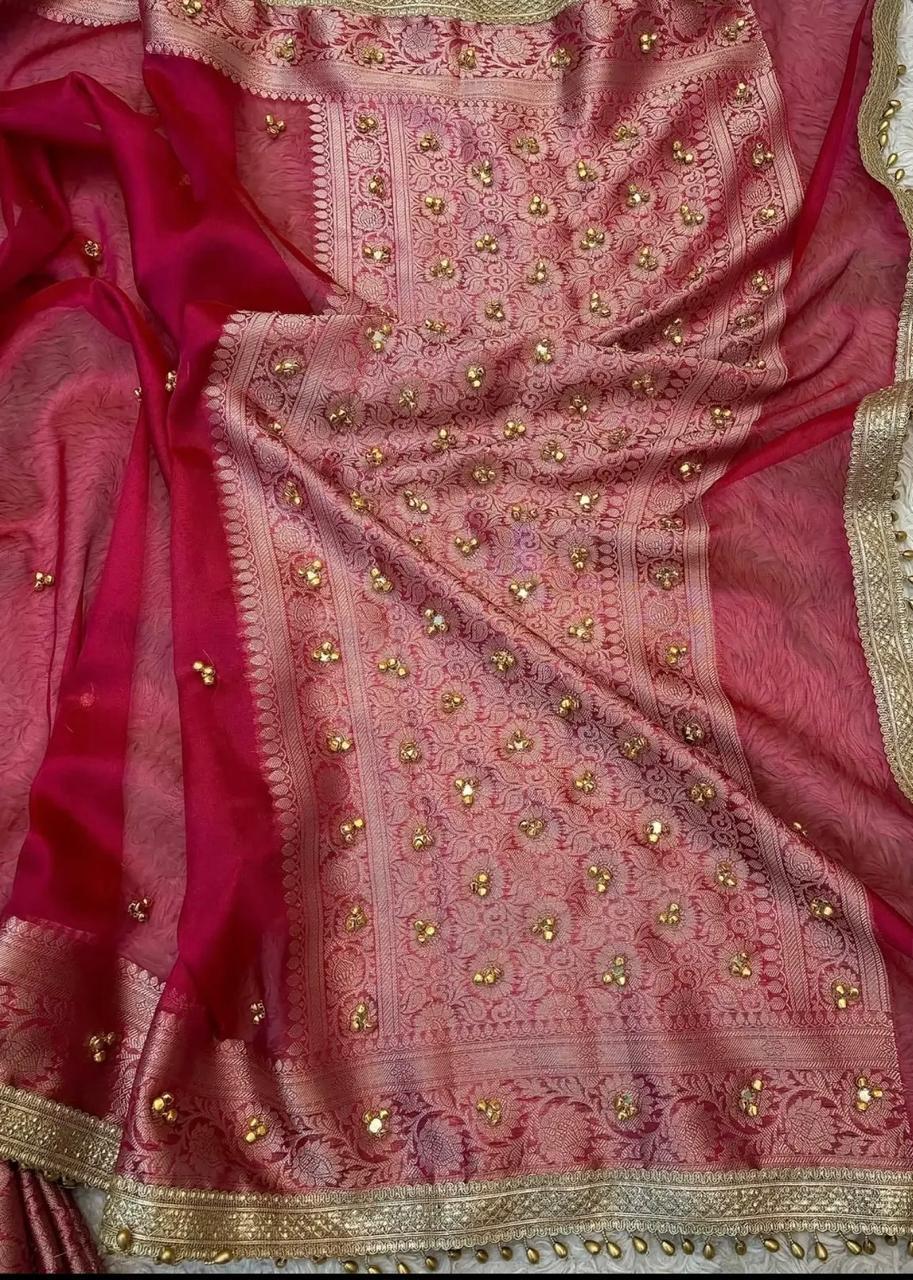 Viral Banarasi Red Ghungru Saree with Latkans and Laces