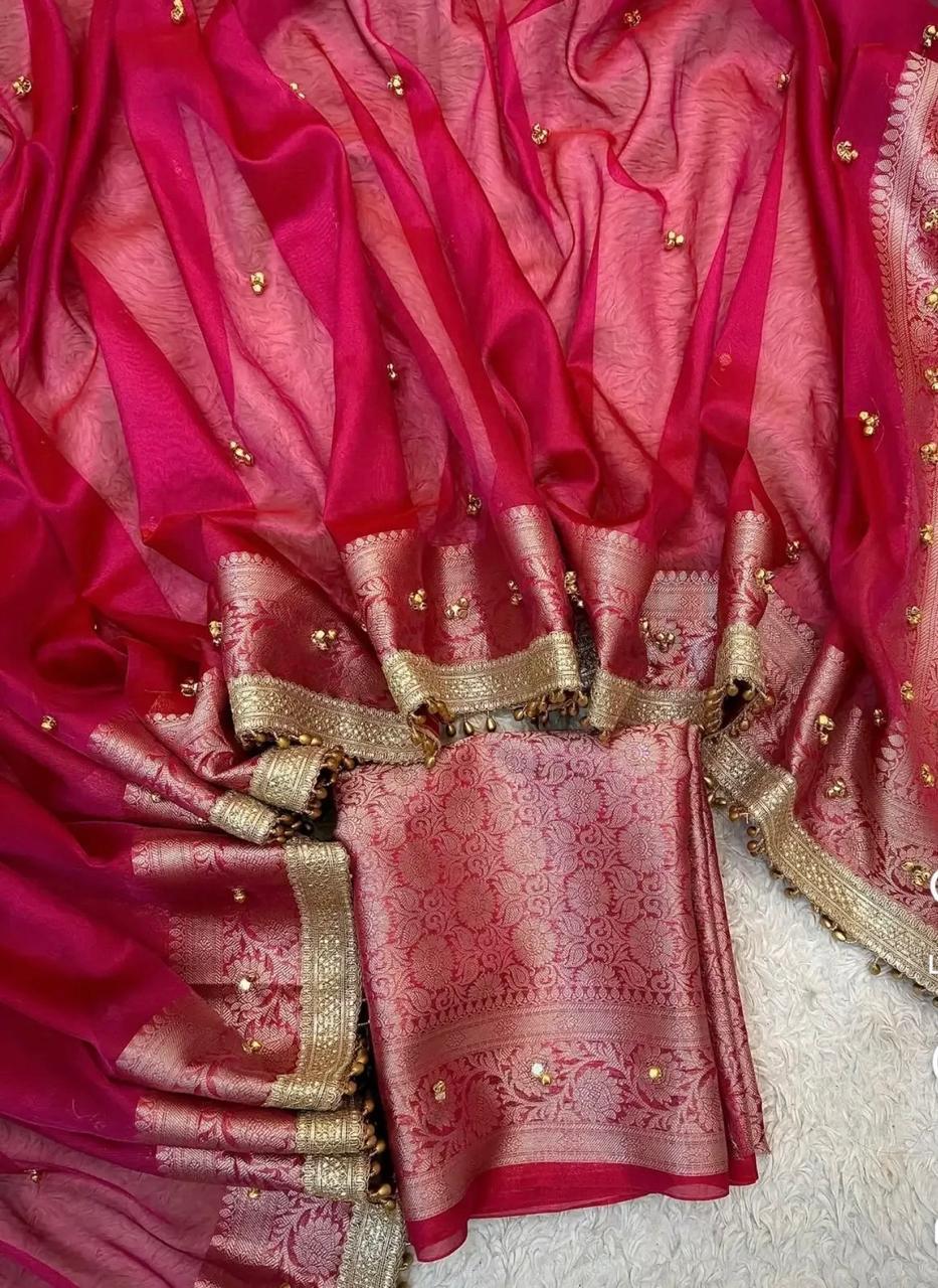 Viral Banarasi Red Ghungru Saree with Latkans and Laces