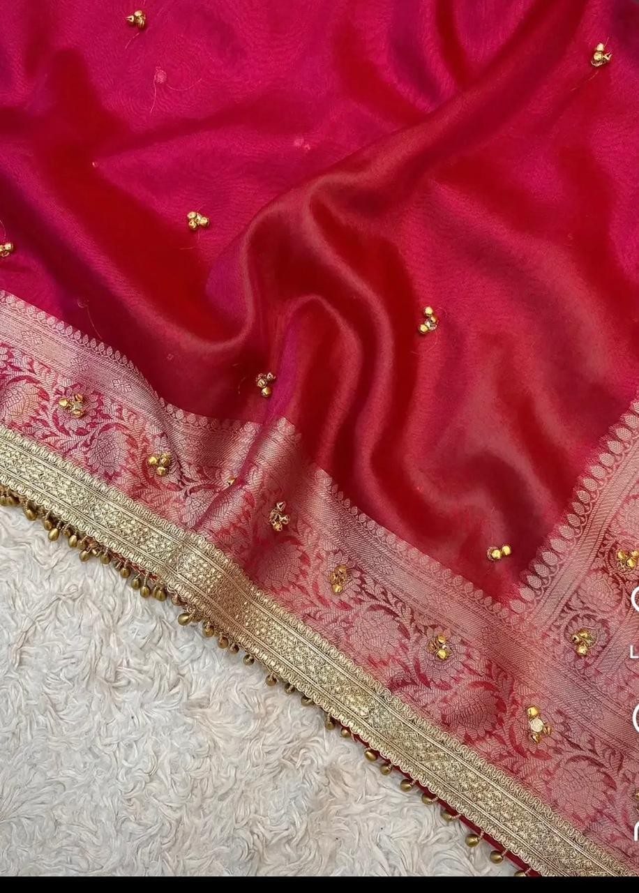 Viral Banarasi Red Ghungru Saree with Latkans and Laces