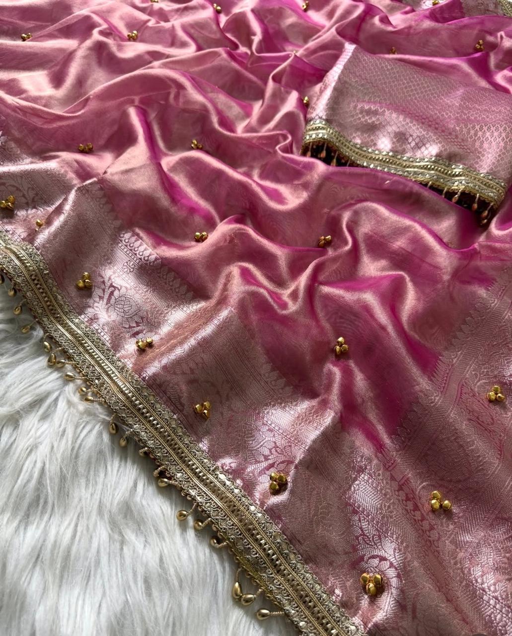 Viral Banarasi Baby Pink Ghungru Saree with Latkans and Laces