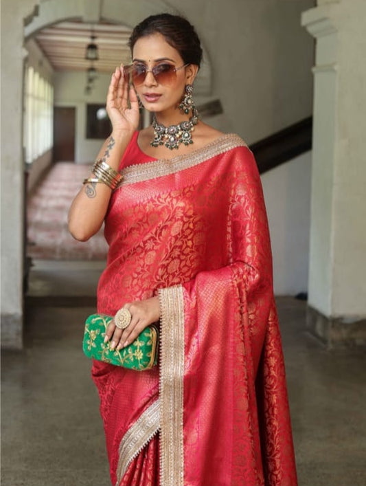 Red Banarasi Tanchui Silk Saree with Lace Work