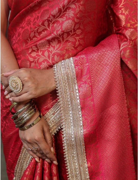 Red Banarasi Tanchui Silk Saree with Lace Work