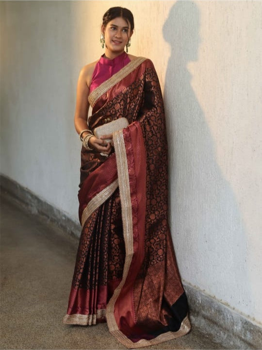 Black Premium Banarasi Tanchui Silk Saree with Lace Work