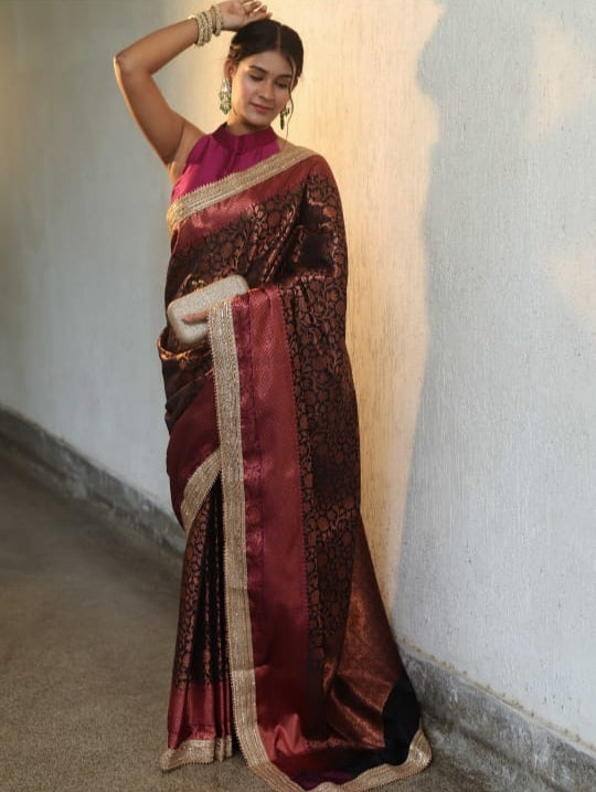 Black Premium Banarasi Tanchui Silk Saree with Lace Work