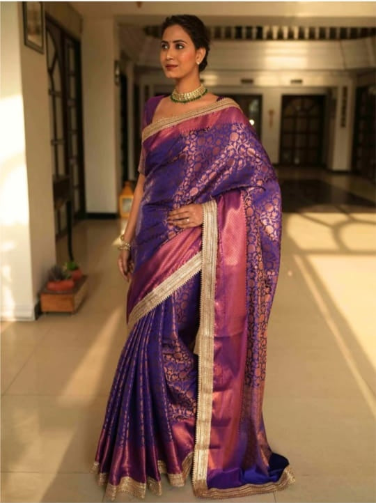 Elegant Purple Banarasi Saree In Tissue Silk with Lace Work