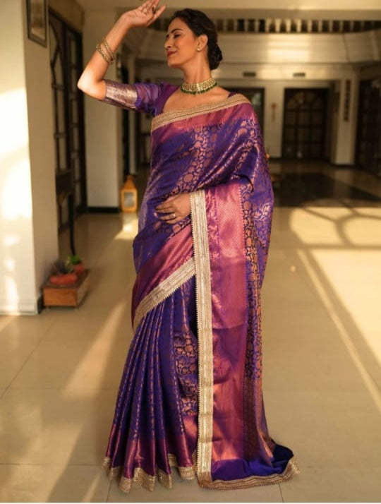 Elegant Purple Banarasi Saree In Tissue Silk with Lace Work