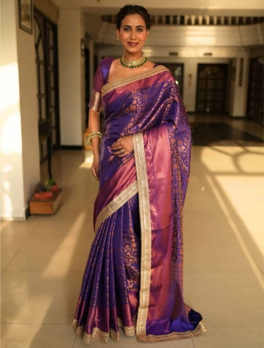 Elegant Purple Banarasi Saree In Tissue Silk with Lace Work
