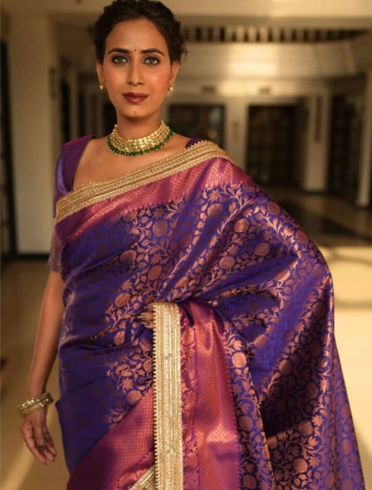 Elegant Purple Banarasi Saree In Tissue Silk with Lace Work