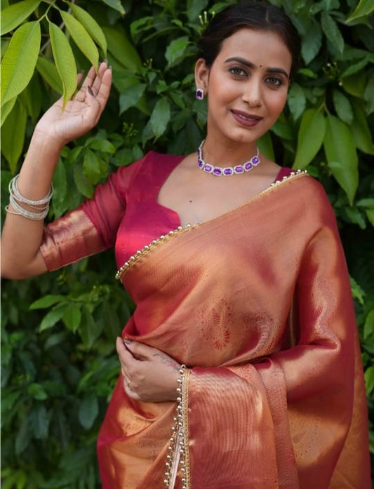 Elegant Cosmi Orange Banarasi Saree in Tissue Silk with Lace Work