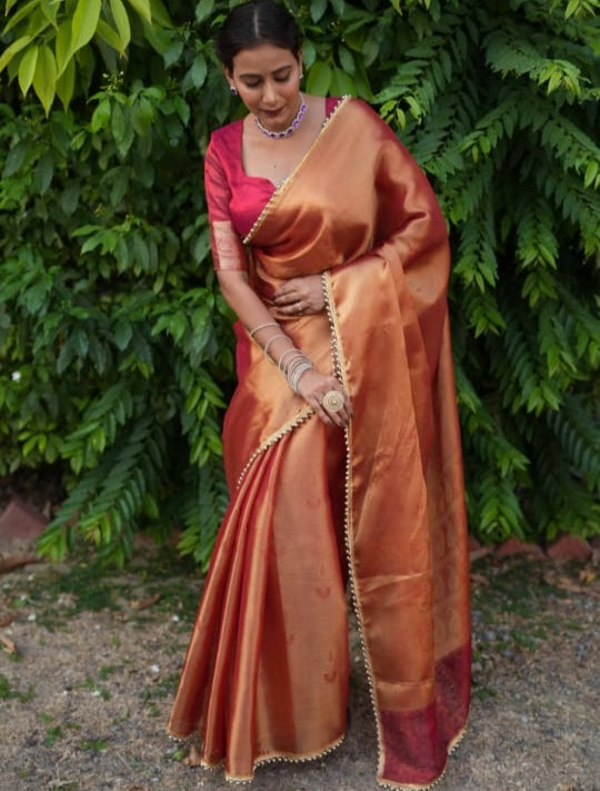 Elegant Cosmi Orange Banarasi Saree in Tissue Silk with Lace Work