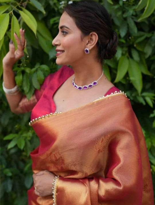 Elegant Cosmi Orange Banarasi Saree in Tissue Silk with Lace Work