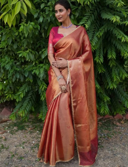 Elegant Cosmi Orange Banarasi Saree in Tissue Silk with Lace Work