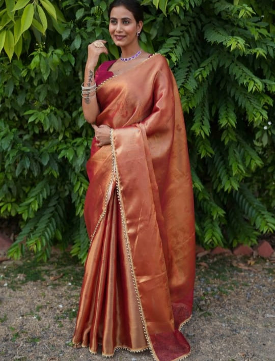 Elegant Cosmi Orange Banarasi Saree in Tissue Silk with Lace Work