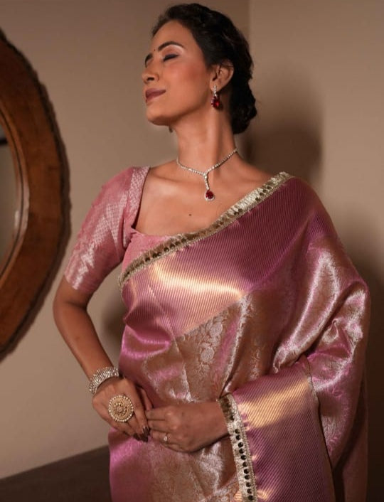 Beautiful Pink Banarasi Saree in Tissue Silk with Lace Work