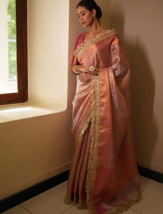Graceful Pink Banarasi Saree in Tissue Silk with Lace Work