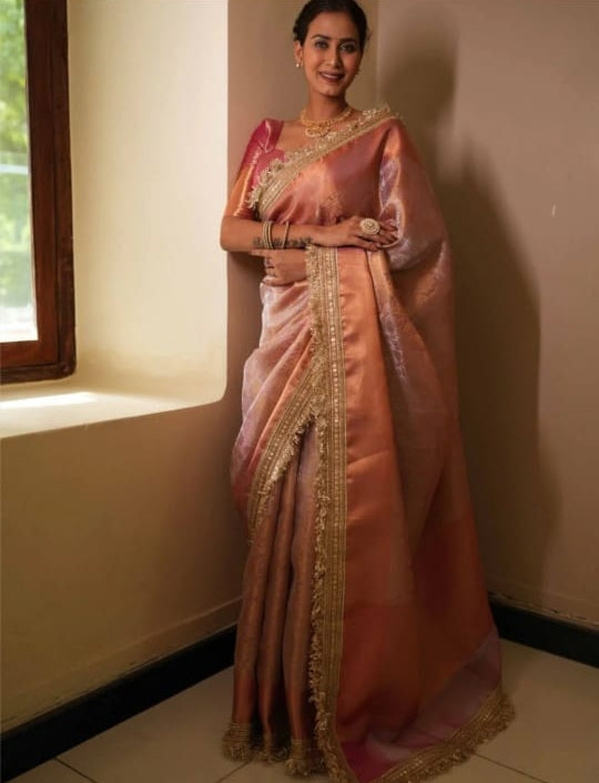Graceful Pink Banarasi Saree in Tissue Silk with Lace Work