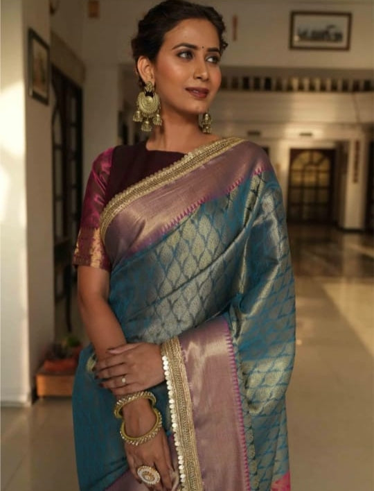 Beautiful Sapphire Banarasi Saree in Semi Silk with Lace Work