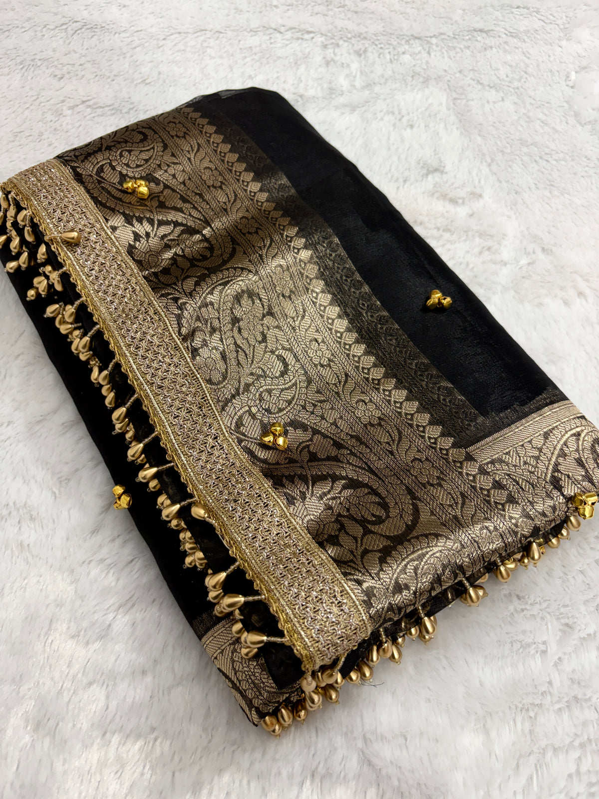 Viral Banarasi Black Tissue Silk Saree with Ghungru, Laces and Latkans