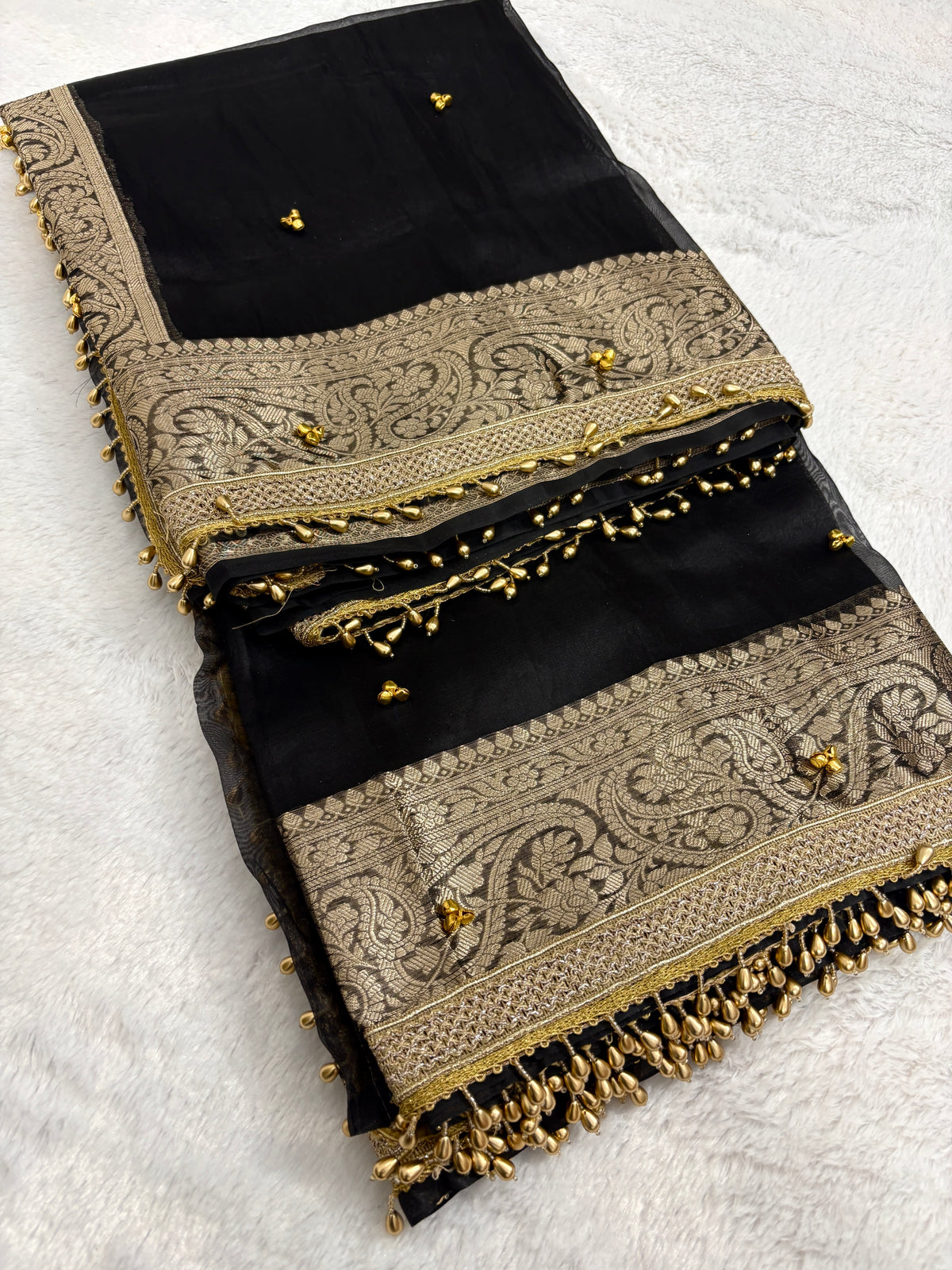 Viral Banarasi Black Tissue Silk Saree with Ghungru, Laces and Latkans