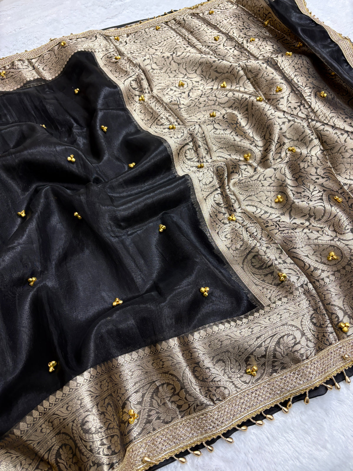 Viral Banarasi Black Tissue Silk Saree with Ghungru, Laces and Latkans