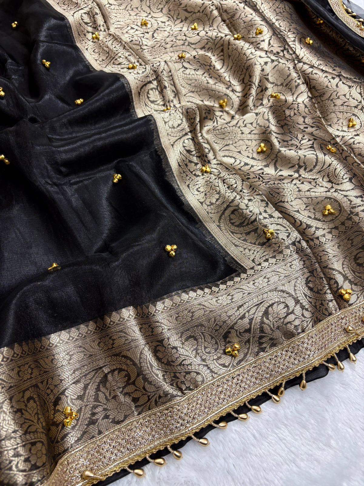 Viral Banarasi Black Tissue Silk Saree with Ghungru, Laces and Latkans