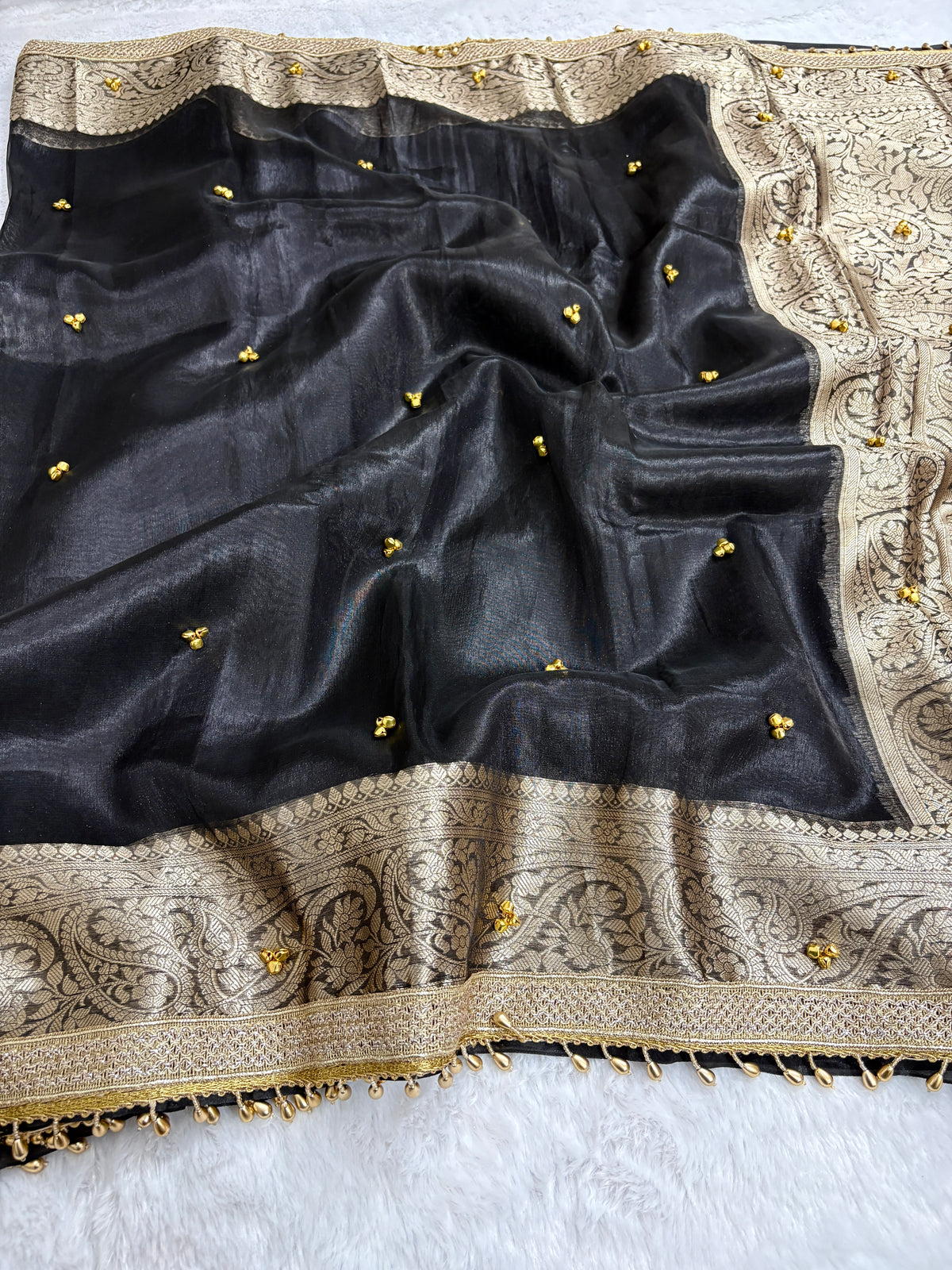 Viral Banarasi Black Tissue Silk Saree with Ghungru, Laces and Latkans