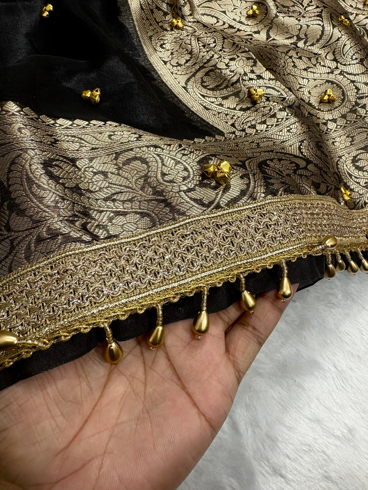 Viral Banarasi Black Tissue Silk Saree with Ghungru, Laces and Latkans