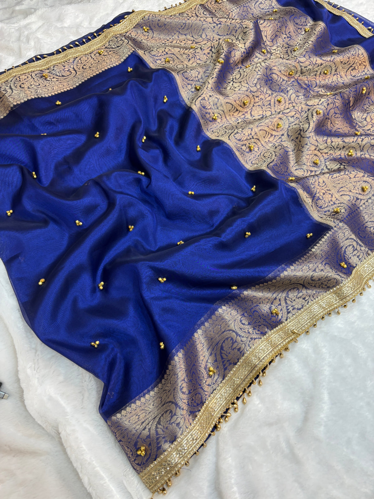Viral Banarasi Royal Blue Tissue Silk Saree with Latkans, Laces and Ghungru