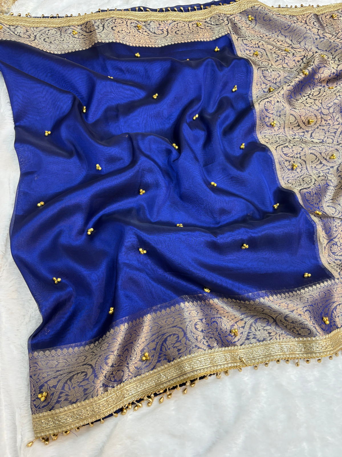 Viral Banarasi Royal Blue Tissue Silk Saree with Latkans, Laces and Ghungru
