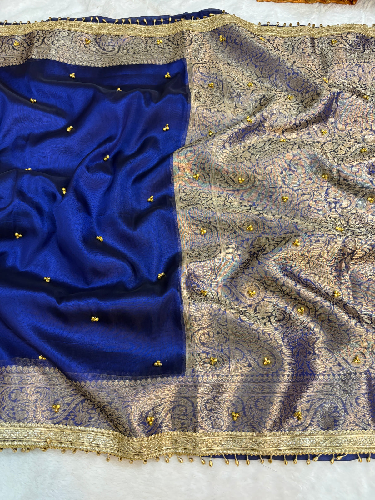 Viral Banarasi Royal Blue Tissue Silk Saree with Latkans, Laces and Ghungru